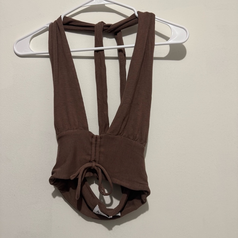 Princess Polly Brown Ribbed Halter Tie-Back Bodysuit